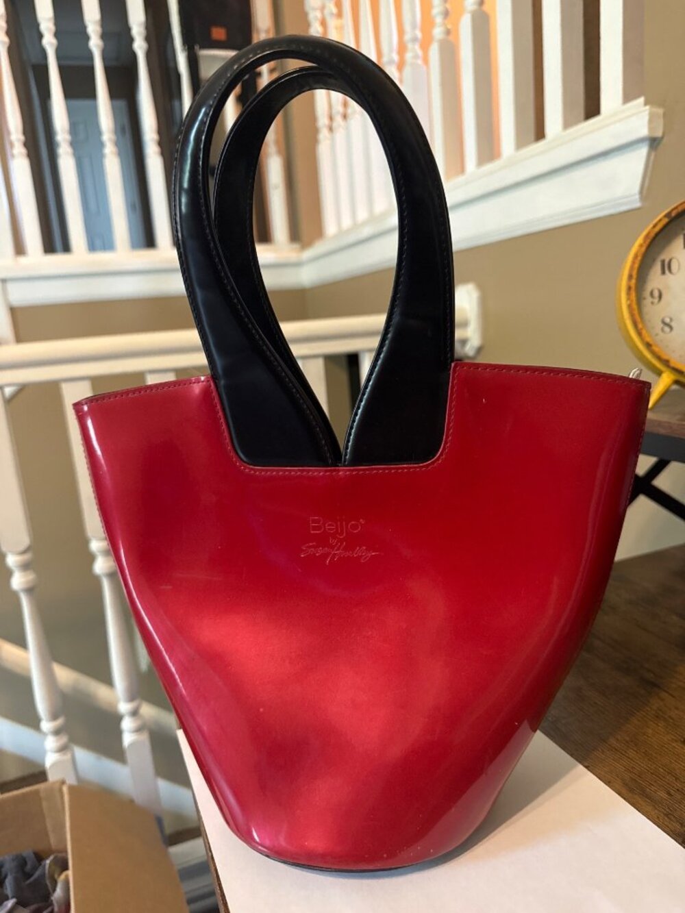 Red Beijo Patent Leather Handbag Black Handles Two Lips